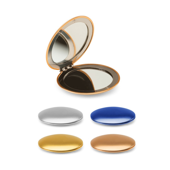 KAYLA. Oboustranné kulaté hliníkové zrcadlo s magnetickým zapínáním
