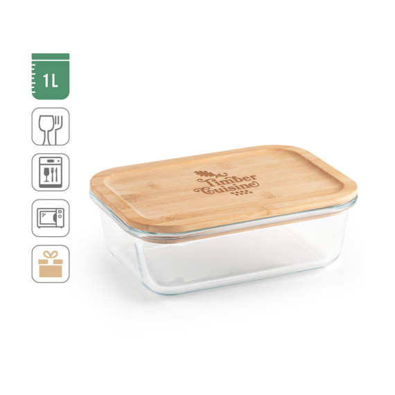 PORTOBELLO. Obědová krabička. Hermetický box z borosilikátového skla a bambusového víka 1000 ml