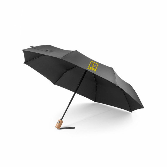 RIVER. Skládací rPET deštník s dřevěnou rukojetí