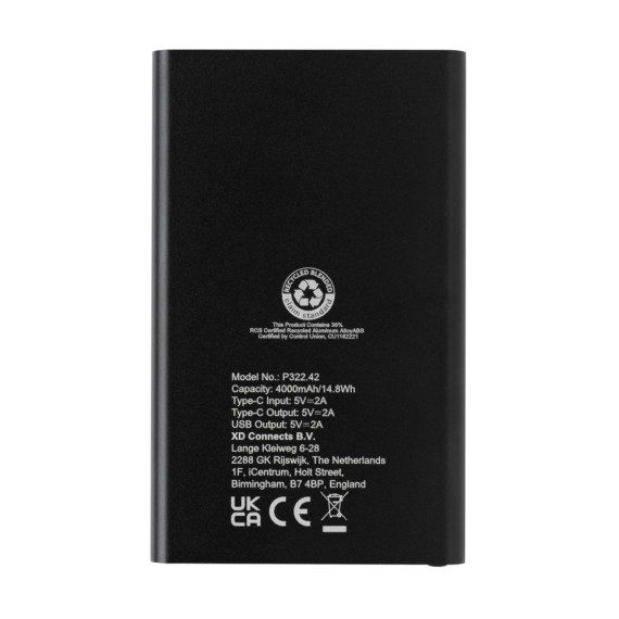 Powerbanka 4.000mAh s USB C z RCS recykl. plastu a hliníku