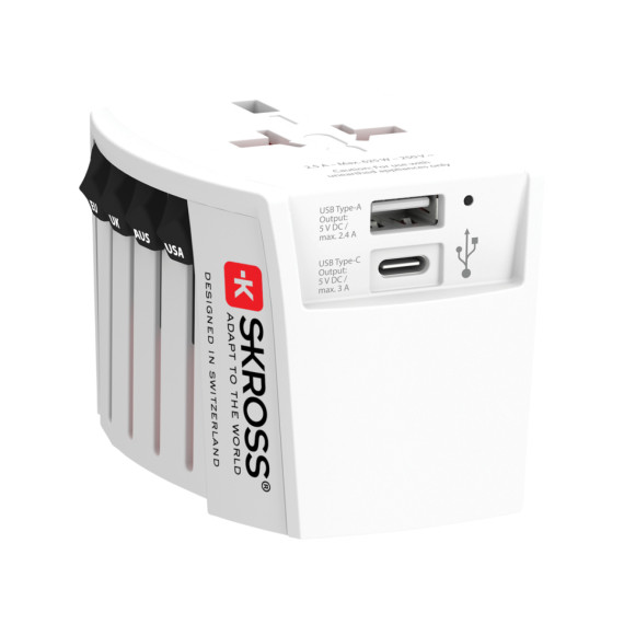 Cestovní adaptér SKROSS World MUV 2-pole s USB A a C