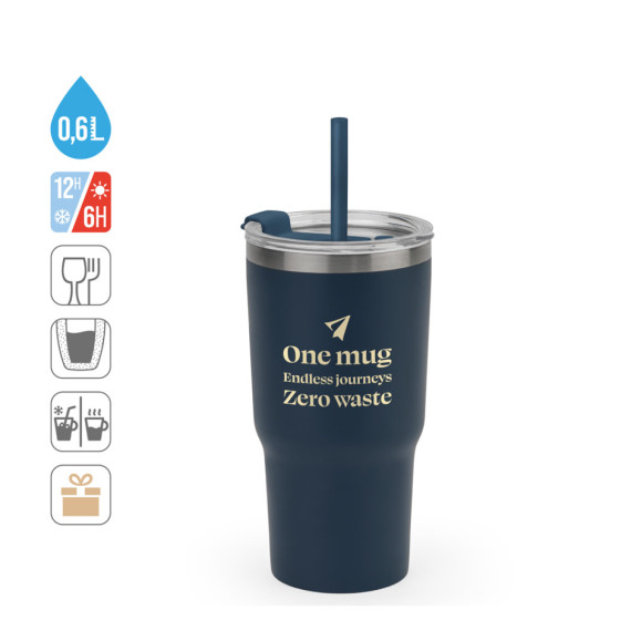 JOYNER M. Kompaktní cestovní hrnek z nerezové oceli (91 % recyklovaný) s vakuově izolovanou dvojitou stěnou a matným povrchem 600 ml