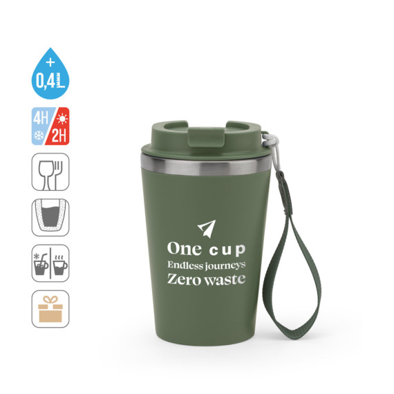 SPITZ. Cestovní hrnek z nerezové oceli (90 % recyklované) a vnější stěnou z PP, s matným povrchem 440 ml